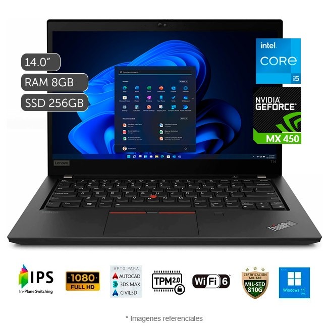 Laptop Lenovo ThinkPad T14 Gen 2, Core i5-1135G7 2.4GHz, RAM 8GB, Sólido SSD 256GB PCIe, Gráficos NVIDIA GeForce MX450 2GB, LED 14" FHD, Windows 11 Pro